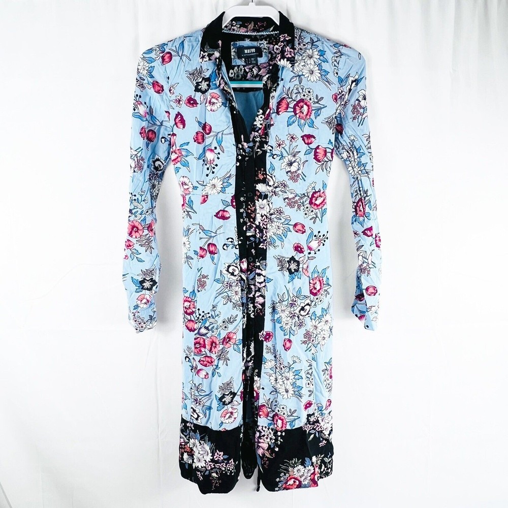Anthro Maeve Leyster Shirtdress Blue Floral Long Sleeve Button Down Dress Size 2
